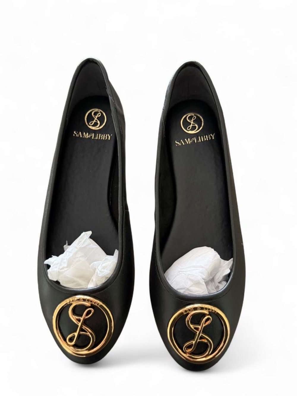 Sam & Libby Black Ballet Flats with Gold Monogram Emblem